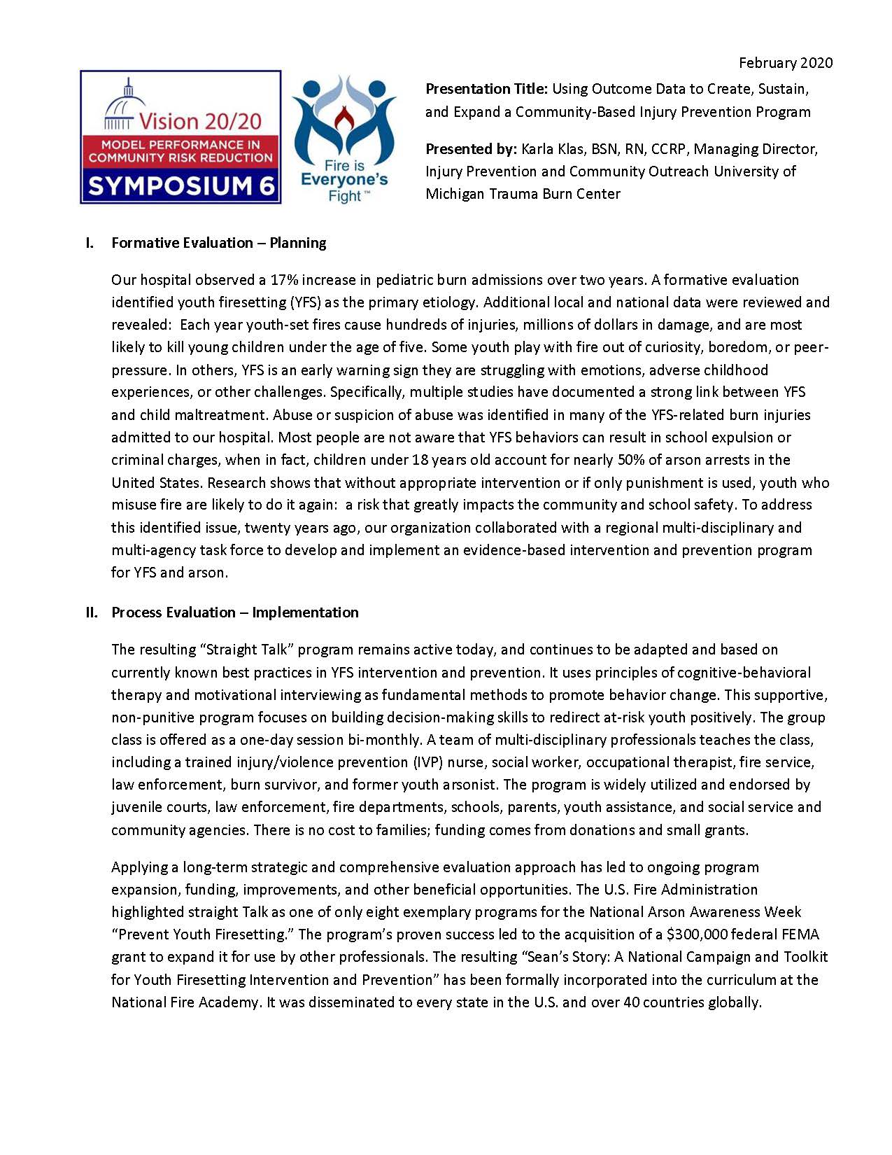 Straight Talk Vision 20/20 Model Performance in Community Risk Reduction Program Straight Talk Vision 20/20 Model Performance in Community Risk Reduction Program